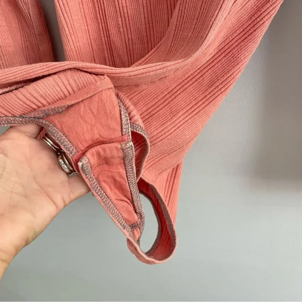 Free People | Women’s Move On Bodysuit Mooncake Pink Ribbed Long Sleeve Bow Cuff